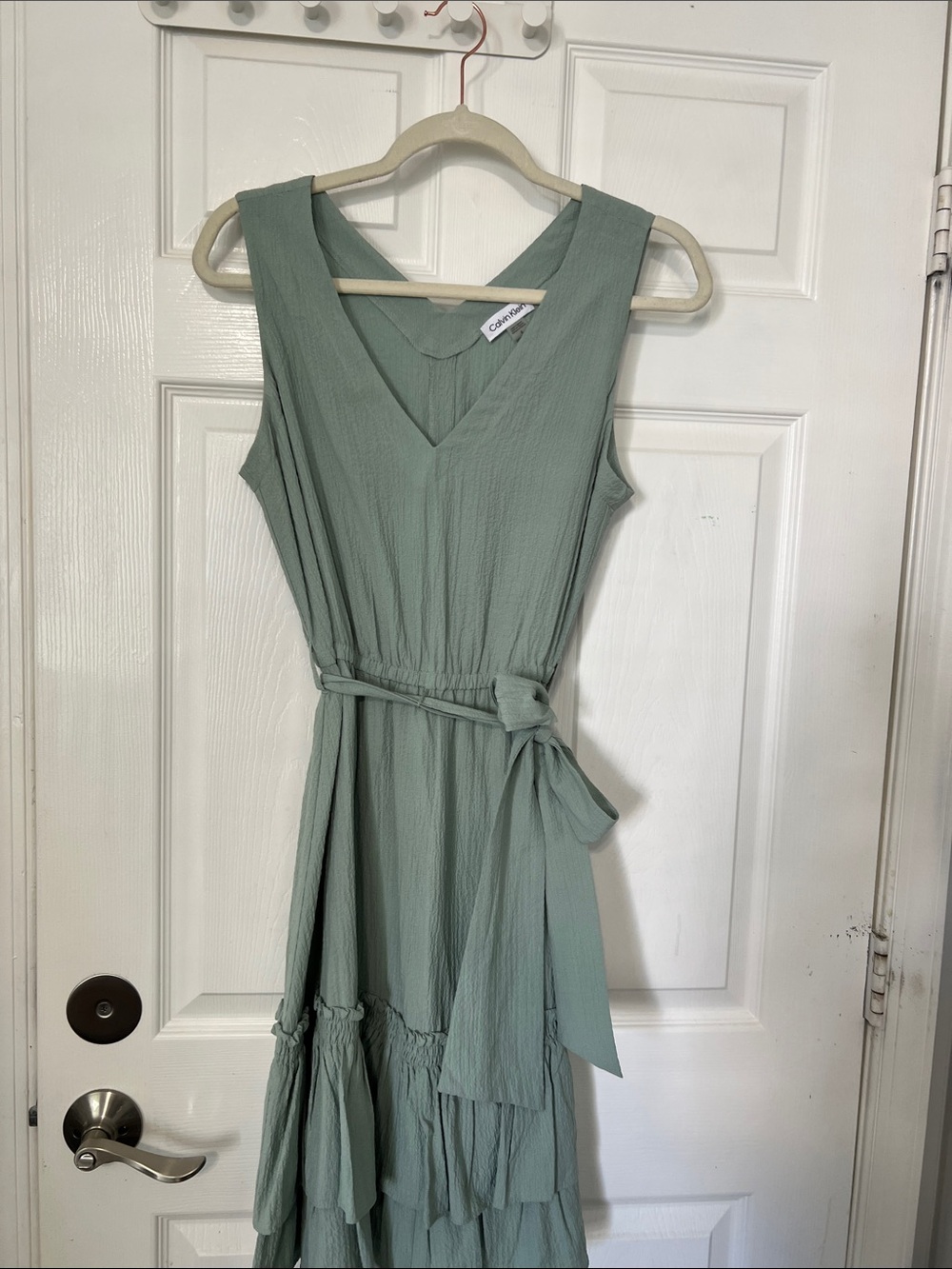 Calvin Klein Sage Green Sleeveless Midi Dress with Waist Tie